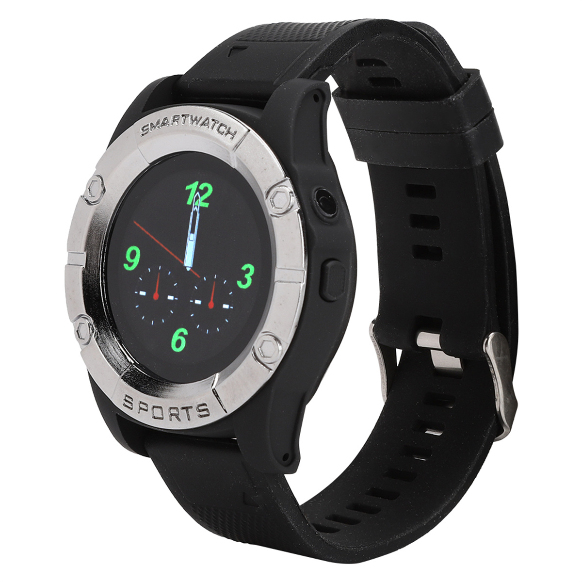 Schwarze Smartwatch mit silberner Lünette und schwarzem Armband. Weißer Hintergrund.