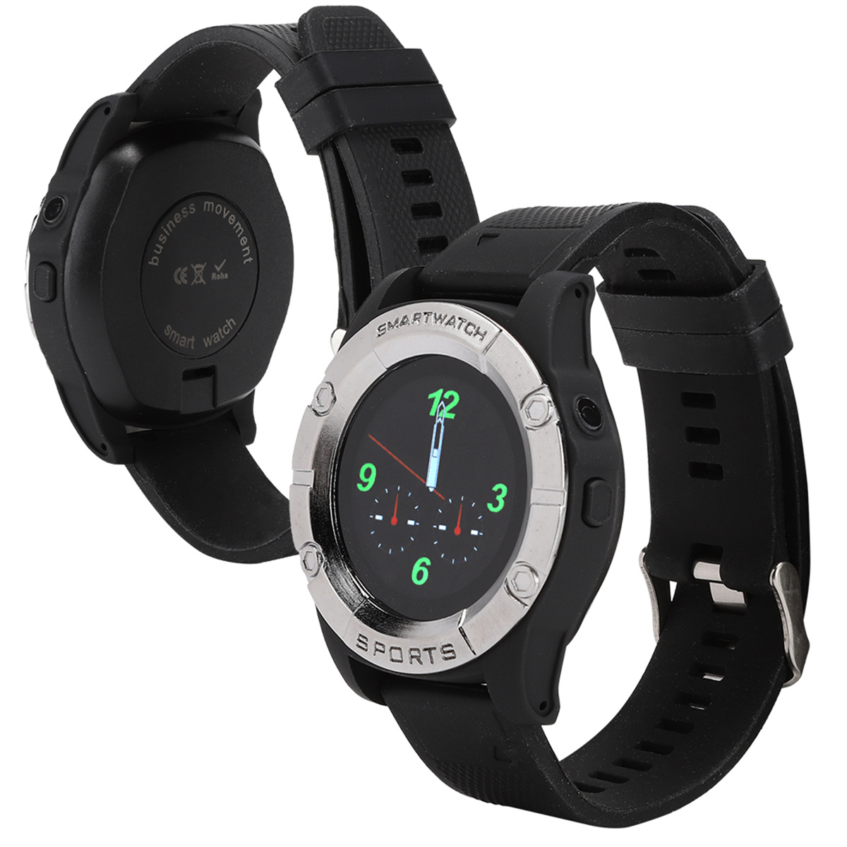 Zwei Smartwatches, eine zeigt die Rückseite und die andere das Zifferblatt mit einem schwarzen Armband.