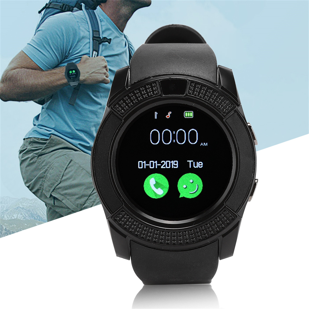 Schwarze Smartwatch, die Datum und Uhrzeit anzeigt. Eine Person befindet sich im Hintergrund.