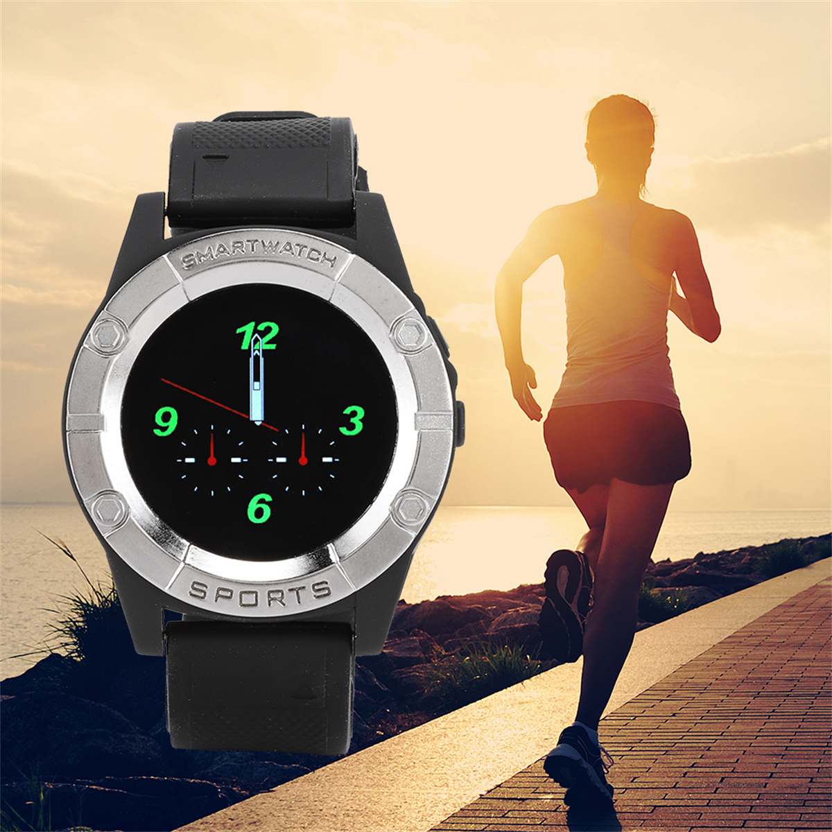 Smartwatch mit Läufer und Sonnenuntergang im Hintergrund.