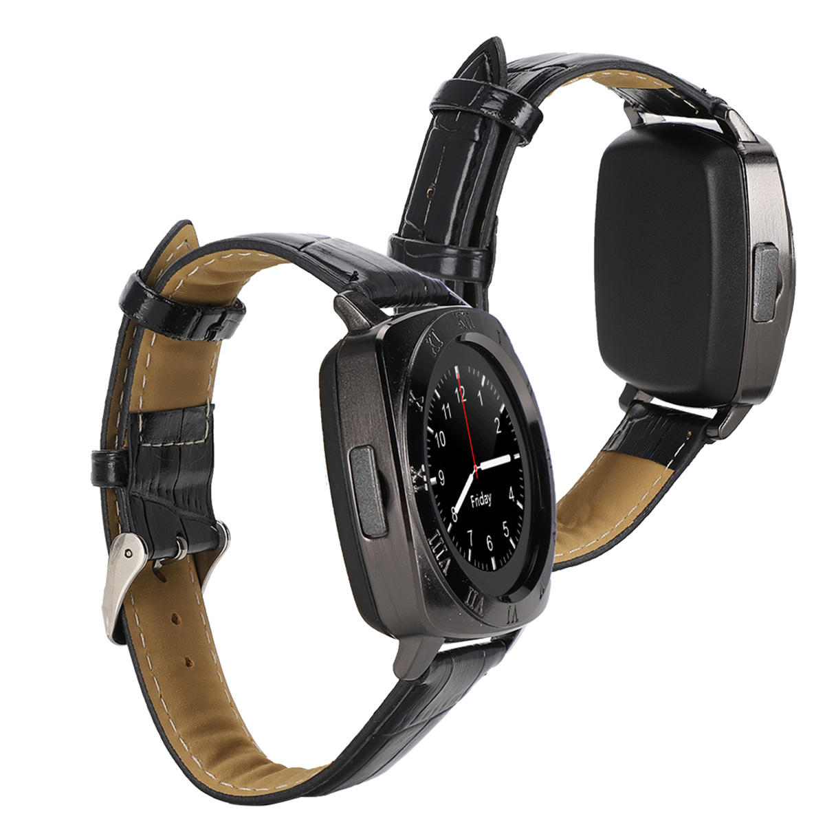 Zwei schwarze Smartwatches mit Lederarmbändern. Eine ist vorne, zeigt die Uhrzeit, die andere dahinter.