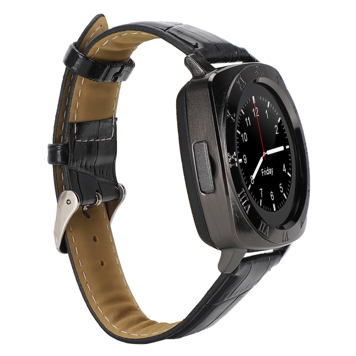 Schwarze Smartwatch mit schwarzem Lederarmband. Zifferblatt zeigt die Uhrzeit.