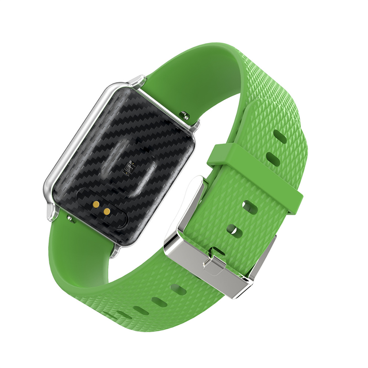 Ein grünes Uhrenarmband. Das Uhrengehäuse hat ein Kohlefaser-Muster.