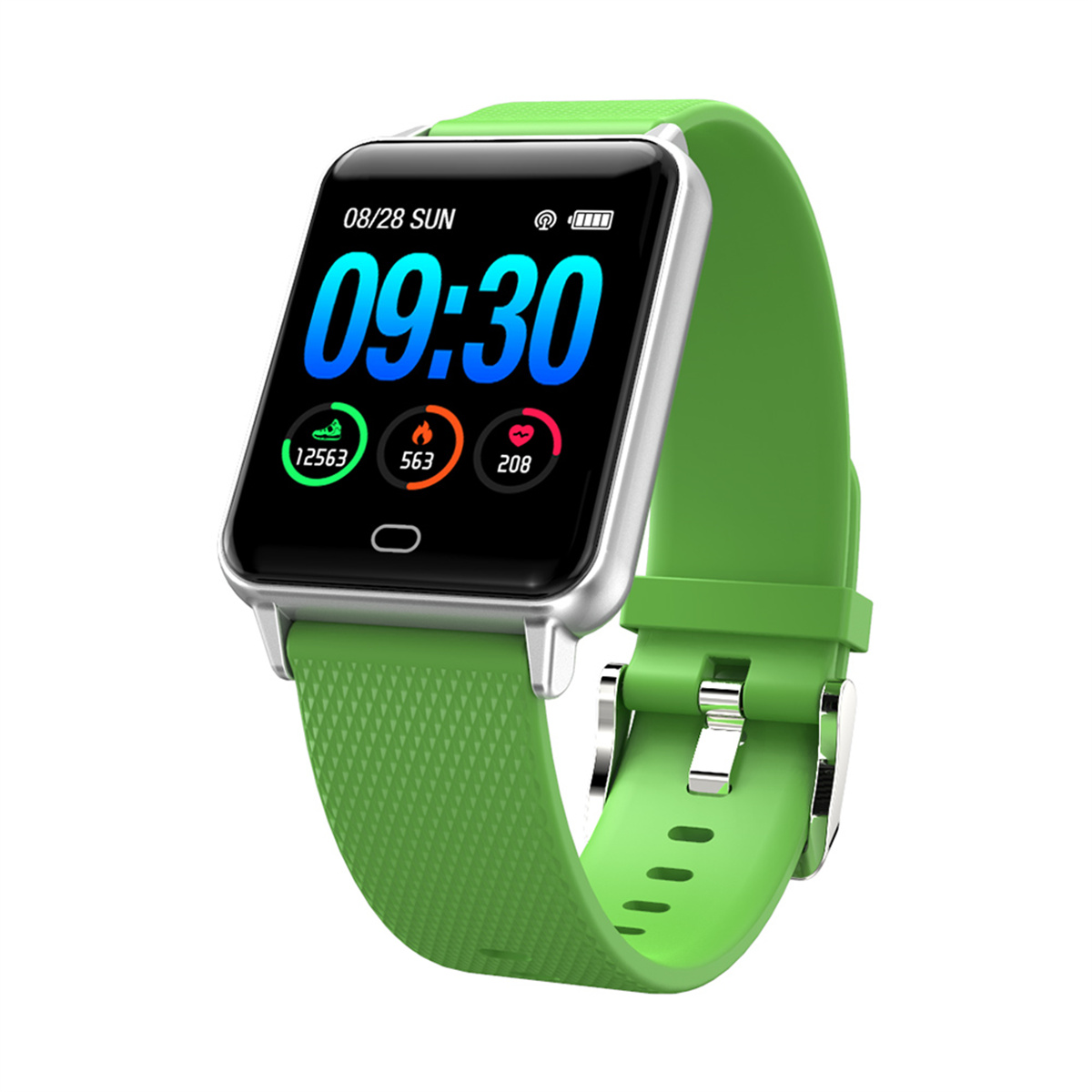 Eine grüne Smartwatch, die Zeit und Gesundheitsmetriken auf einem schwarzen Bildschirm anzeigt.