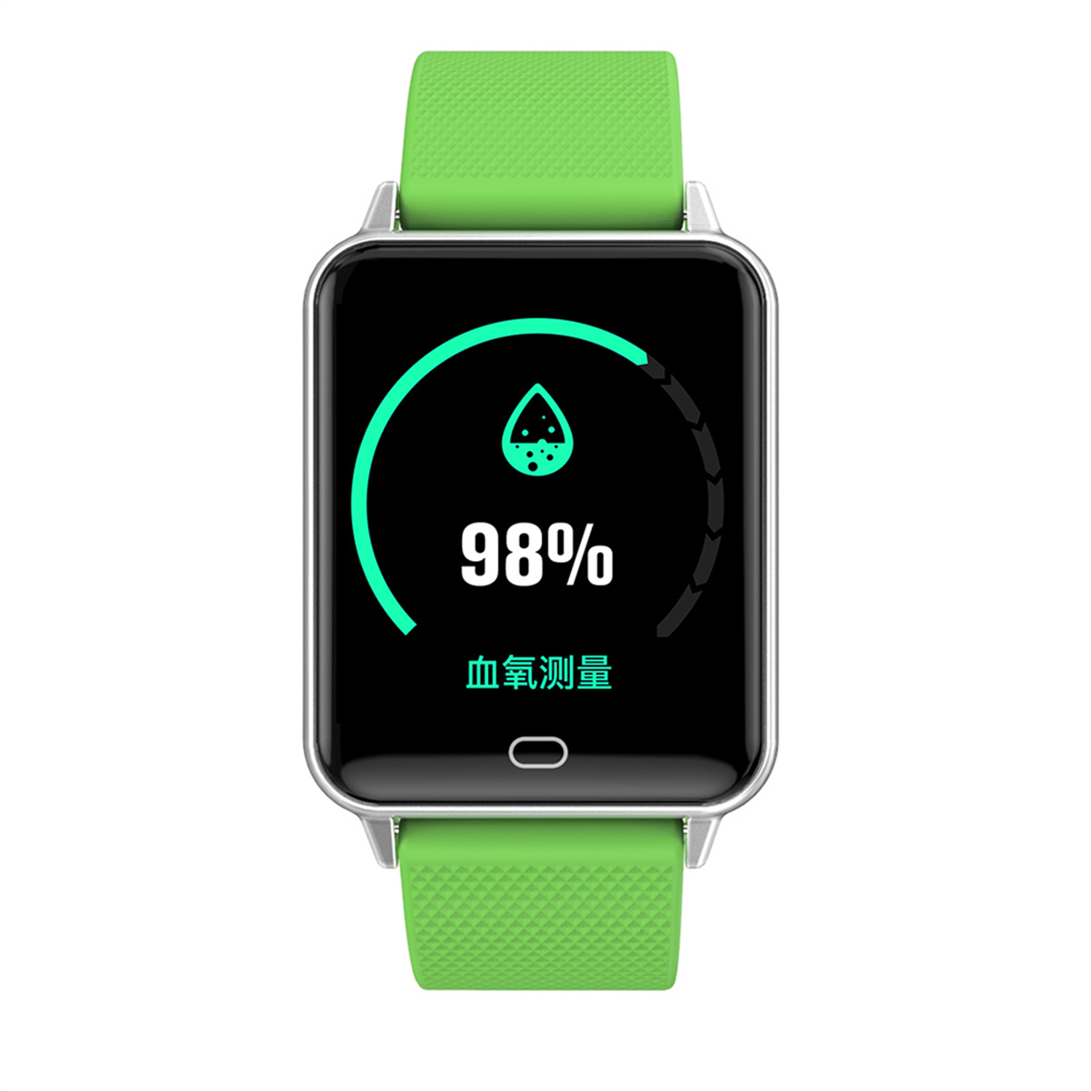 Eine Smartwatch mit grünem Armband. Der Bildschirm zeigt einen grünen Kreis mit Tropfen und 98%.