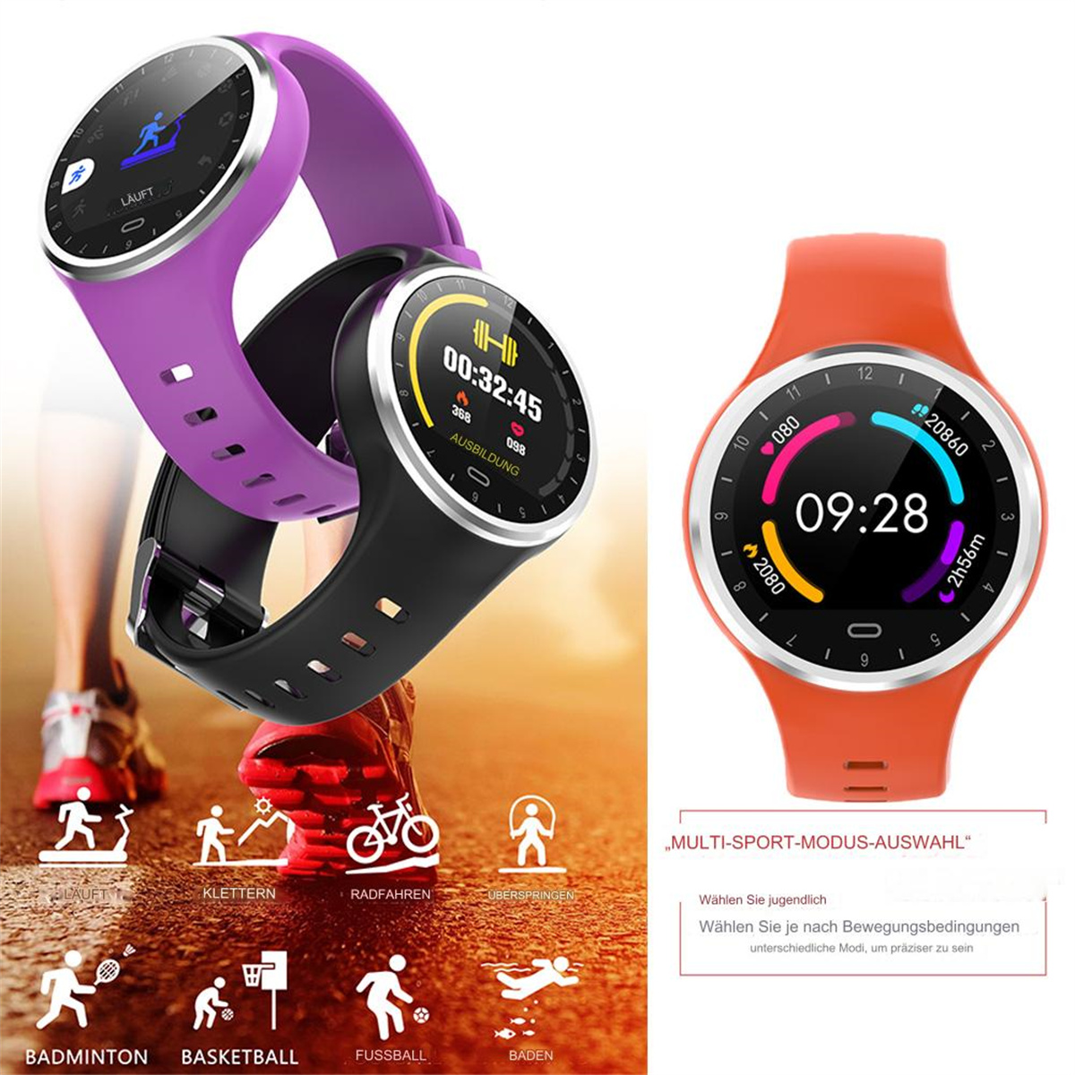Drei Smartwatches, schwarz, lila und orange. Der Boden zeigt Sport-Icons. Texte auf Deutsch.