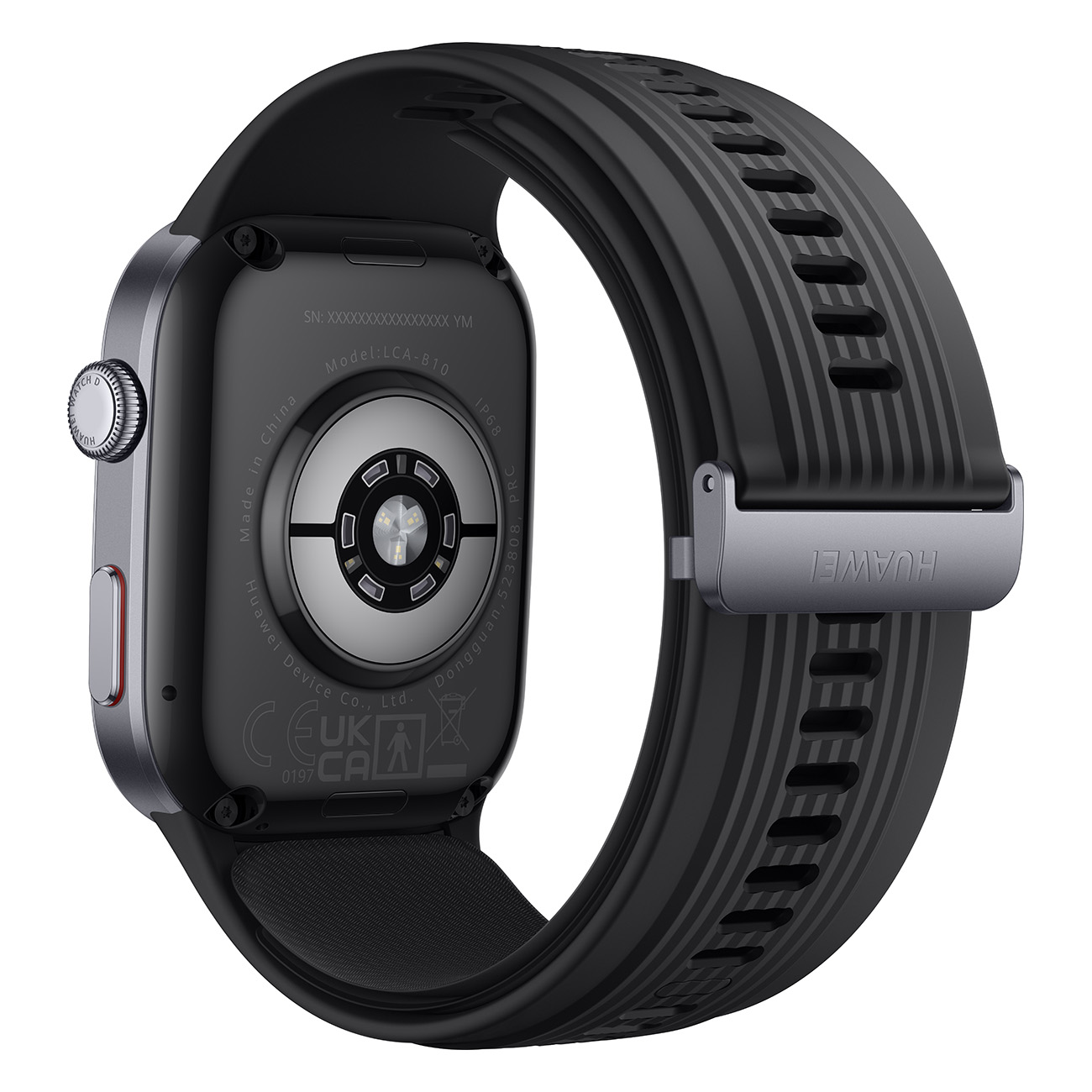 Tył czarnego smartwatcha. Zegarek ma czarny pasek z logo Huawei.