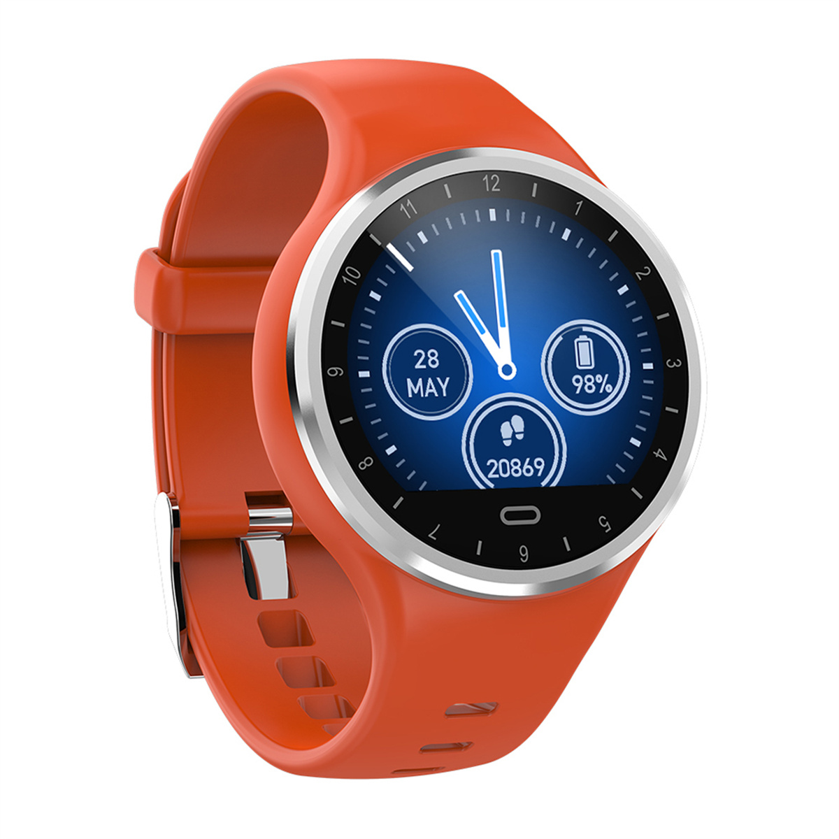 Orangefarbene Smartwatch mit blauem Display, das Uhrzeit, Akku und Schritte anzeigt.