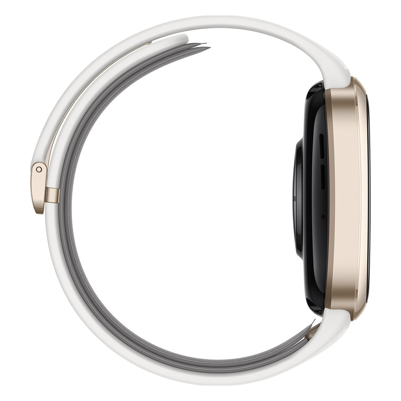 Zijaanzicht van een smartwatch met gouden rand en witte band.