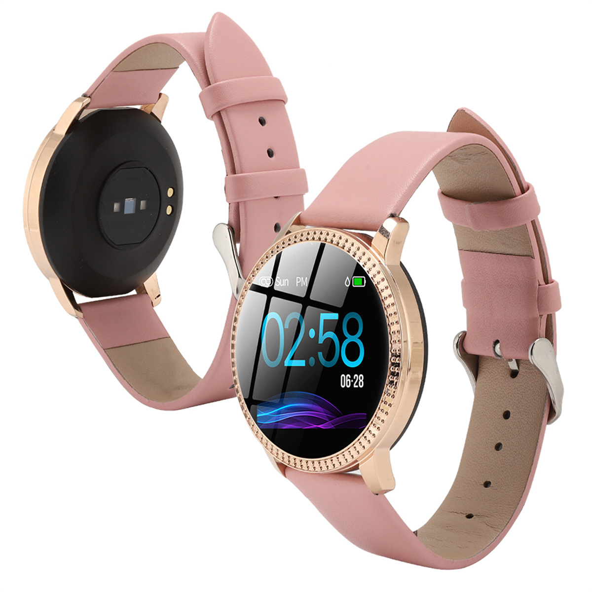 Zwei Smartwatches mit rosa Lederarmbändern und einem goldfarbenen Gehäuse, die Zeit und Datum anzeigen.