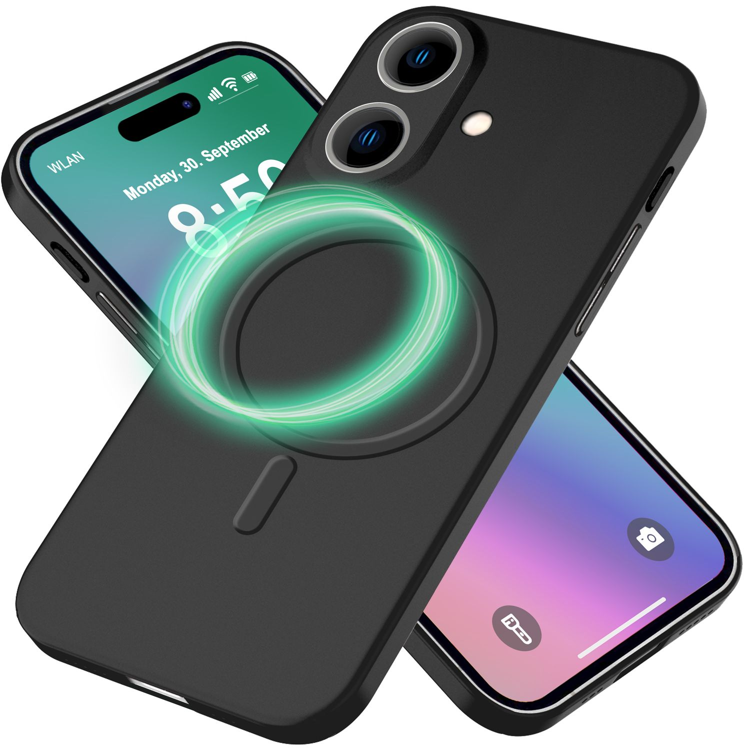 Zwei Telefone und eine schwarze Handyhülle mit grünem Licht. Ein Telefon ist in der Hülle.
