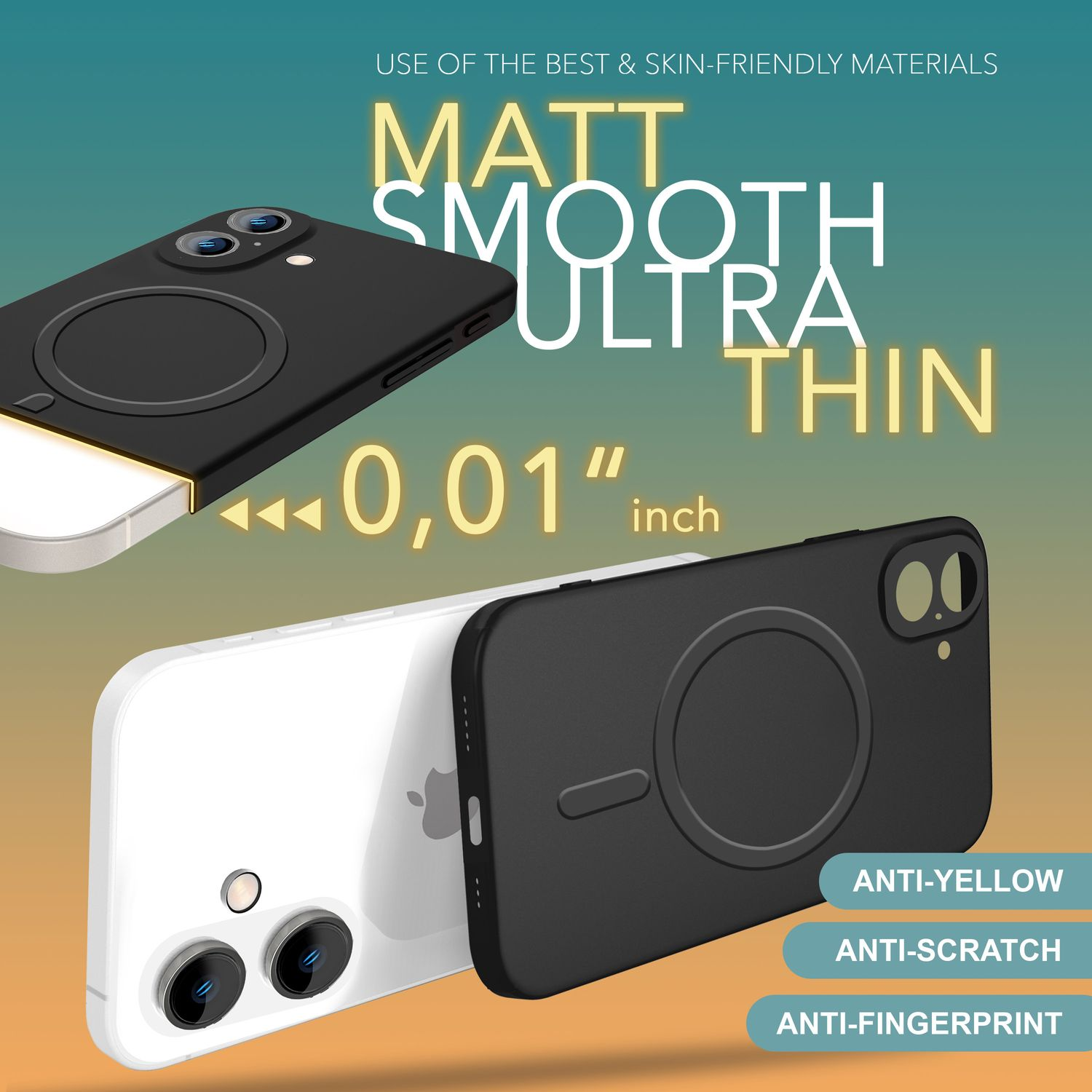 Zwei schwarze Handyhüllen, eine auf einem weißen Telefon. Text: MATT SMOOTH ULTRA THIN.