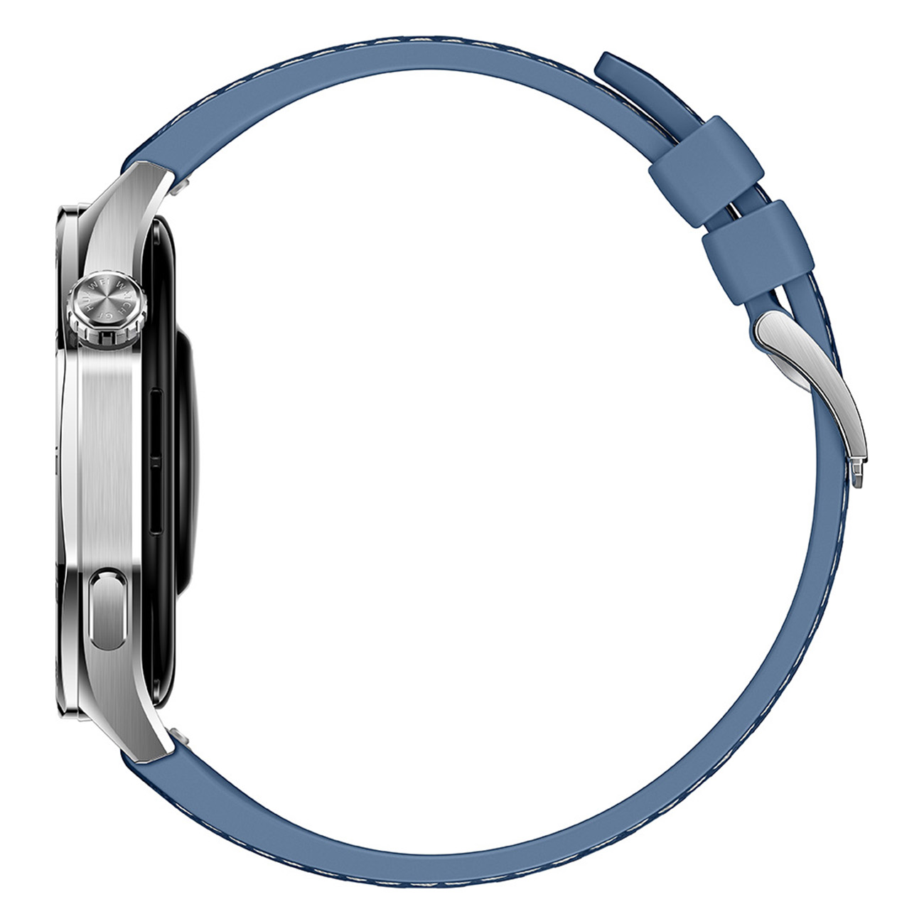 Widok z boku srebrnego smartwatcha z niebieskim paskiem. Tarcza zegarka jest czarna.