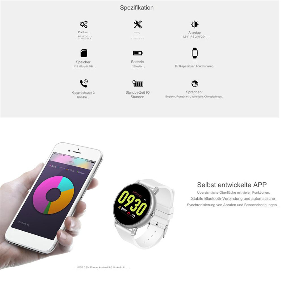 Ein weißer Hintergrund zeigt eine Smartwatch mit Spezifikationen und ein Telefon mit einer App.