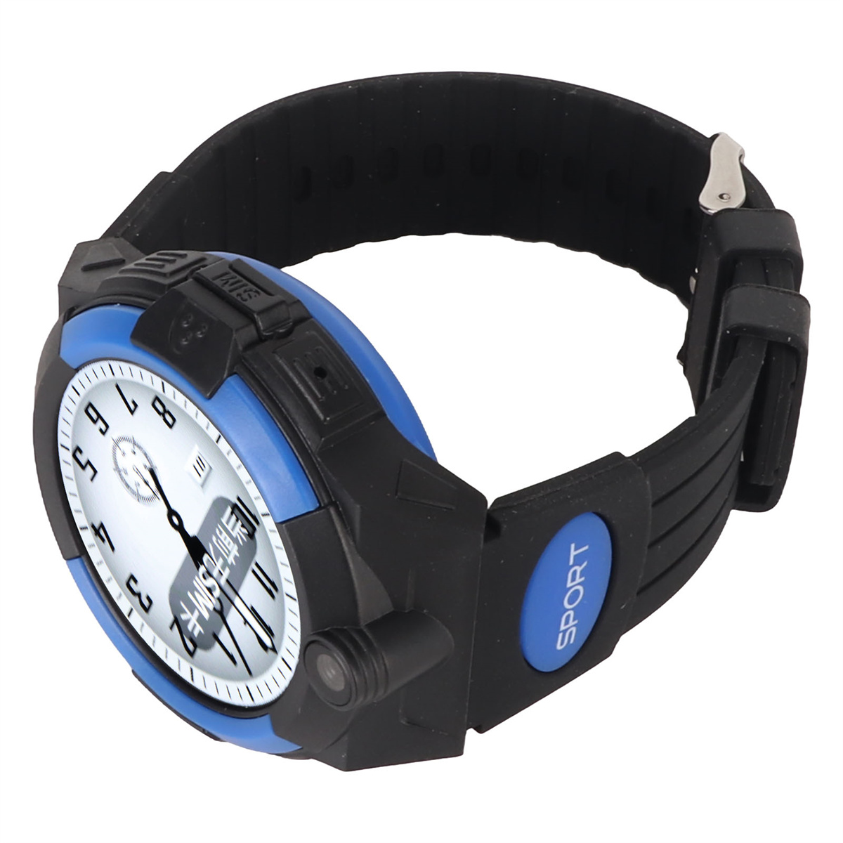 Schwarze und blaue Smartwatch. Es hat einen runden Bildschirm, der Zeit und andere Symbole anzeigt.