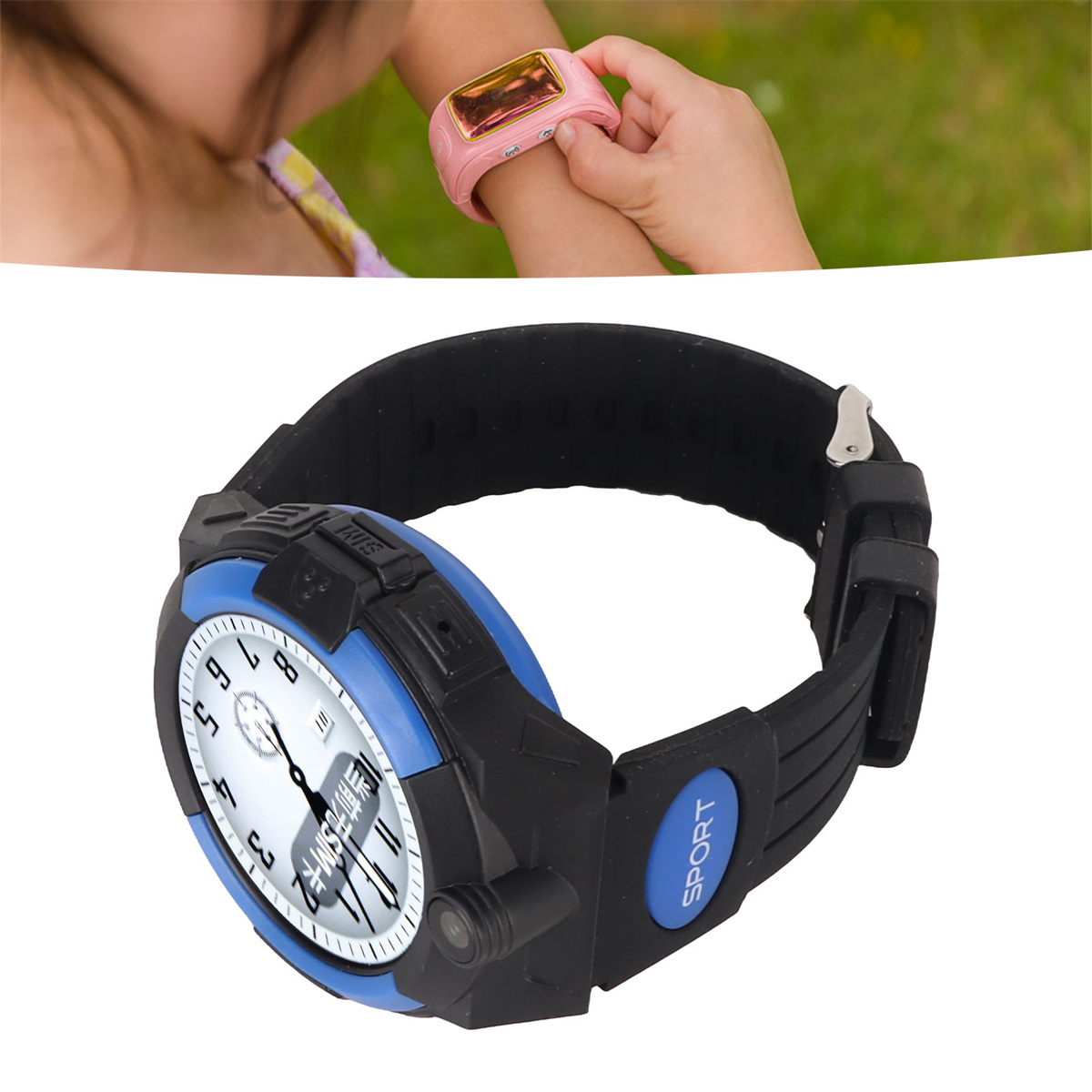 Smartwatch und Handgelenk eines Kindes mit rosa Smartwatch. Blaue und schwarze Uhr mit weißem Zifferblatt.