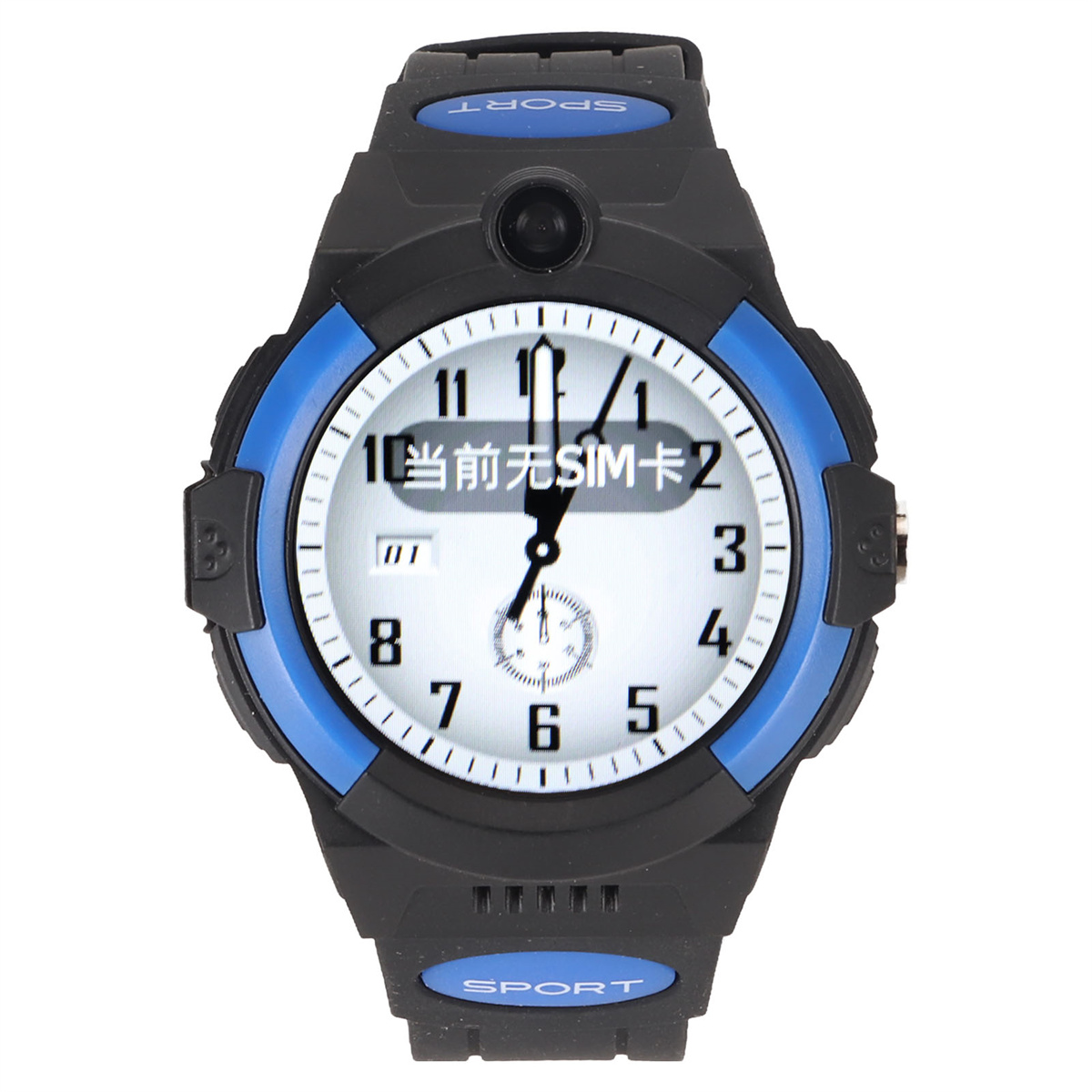 Smartwatch mit blauem Rahmen und schwarzem Armband. Zeigt Datum und Uhrzeit. Weißer Hintergrund.