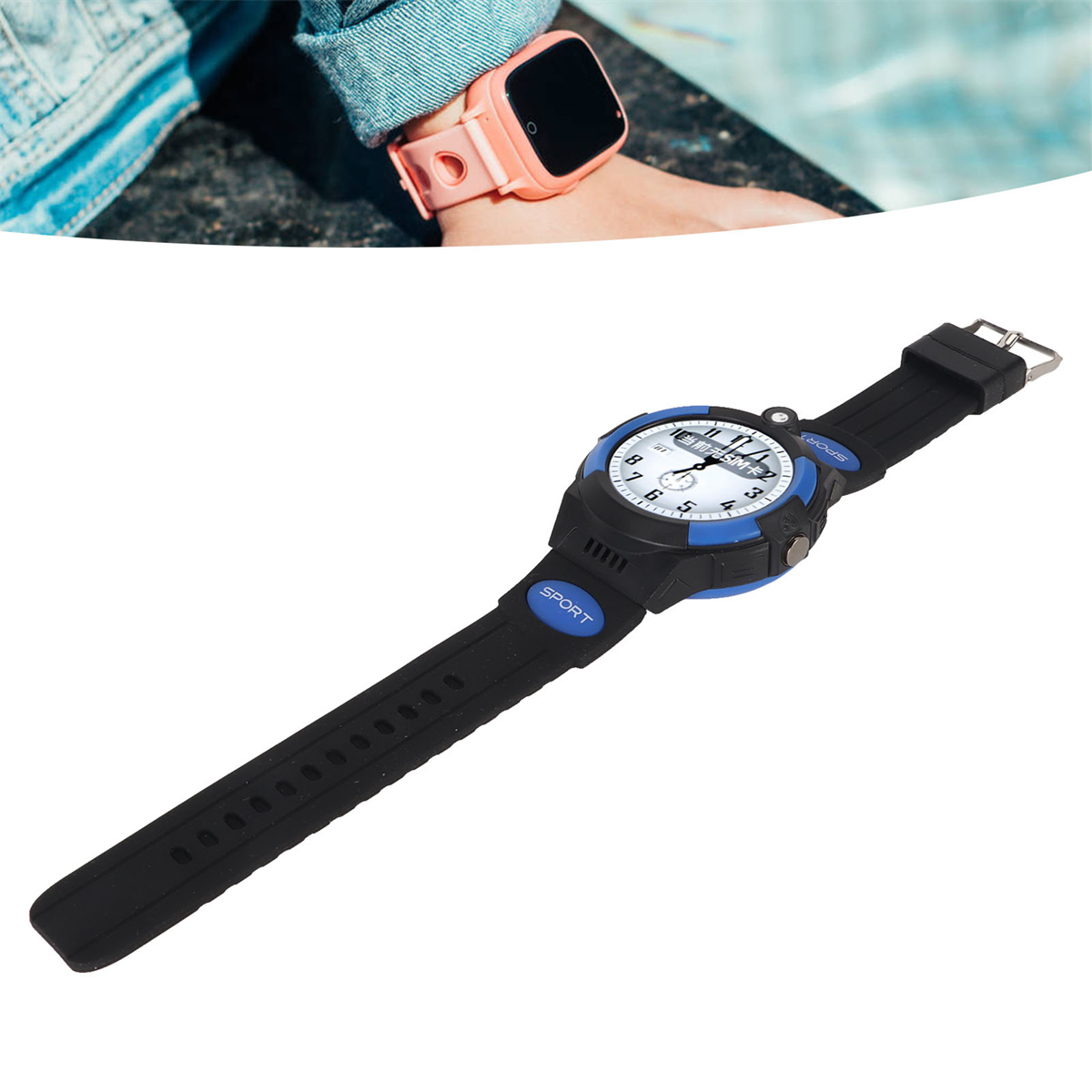Schwarz-blaue Smartwatch, im Hintergrund eine rosa Smartwatch am Handgelenk.