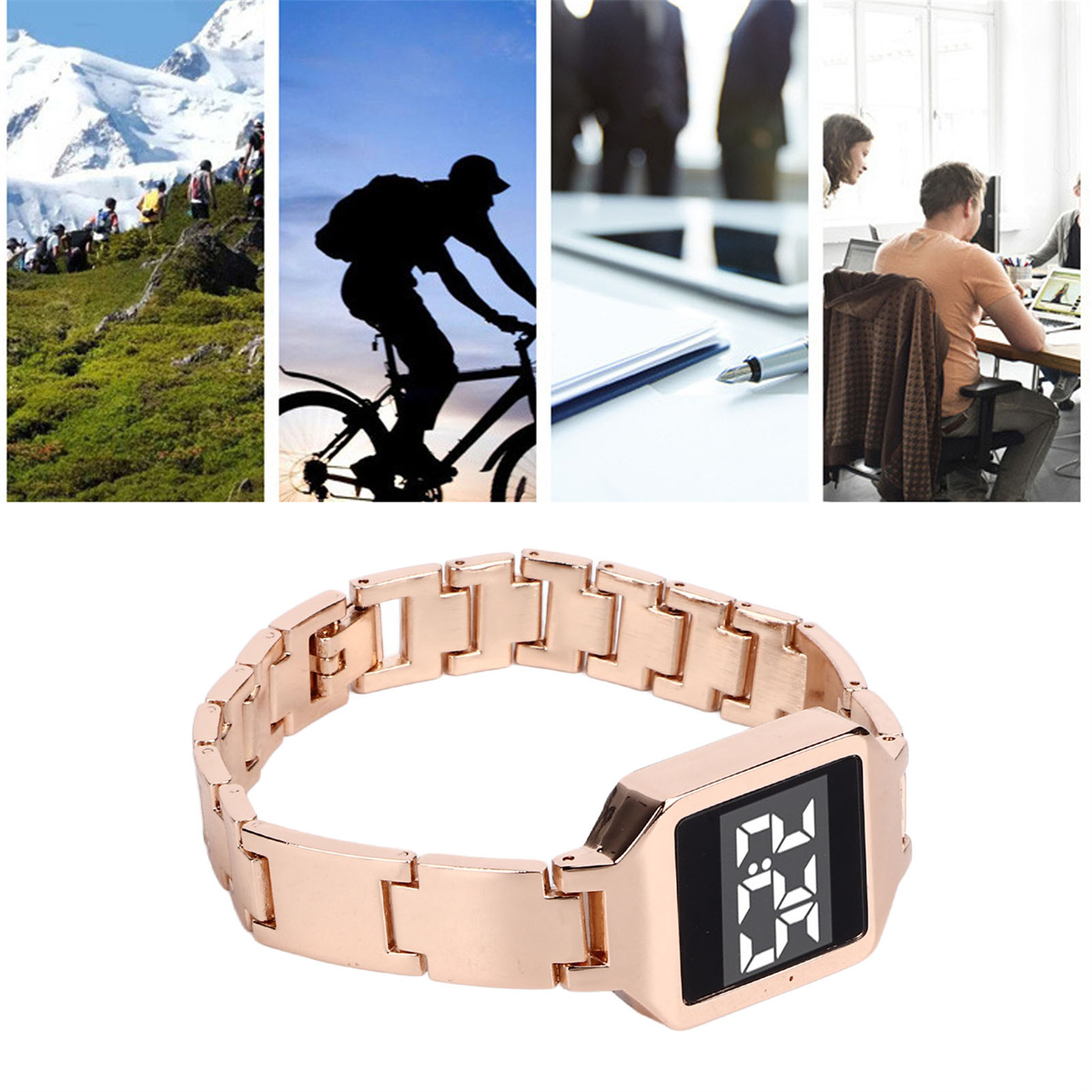 Eine roségoldene Uhr mit rechteckigem Display, neben Szenen von Outdoor-Aktivitäten.