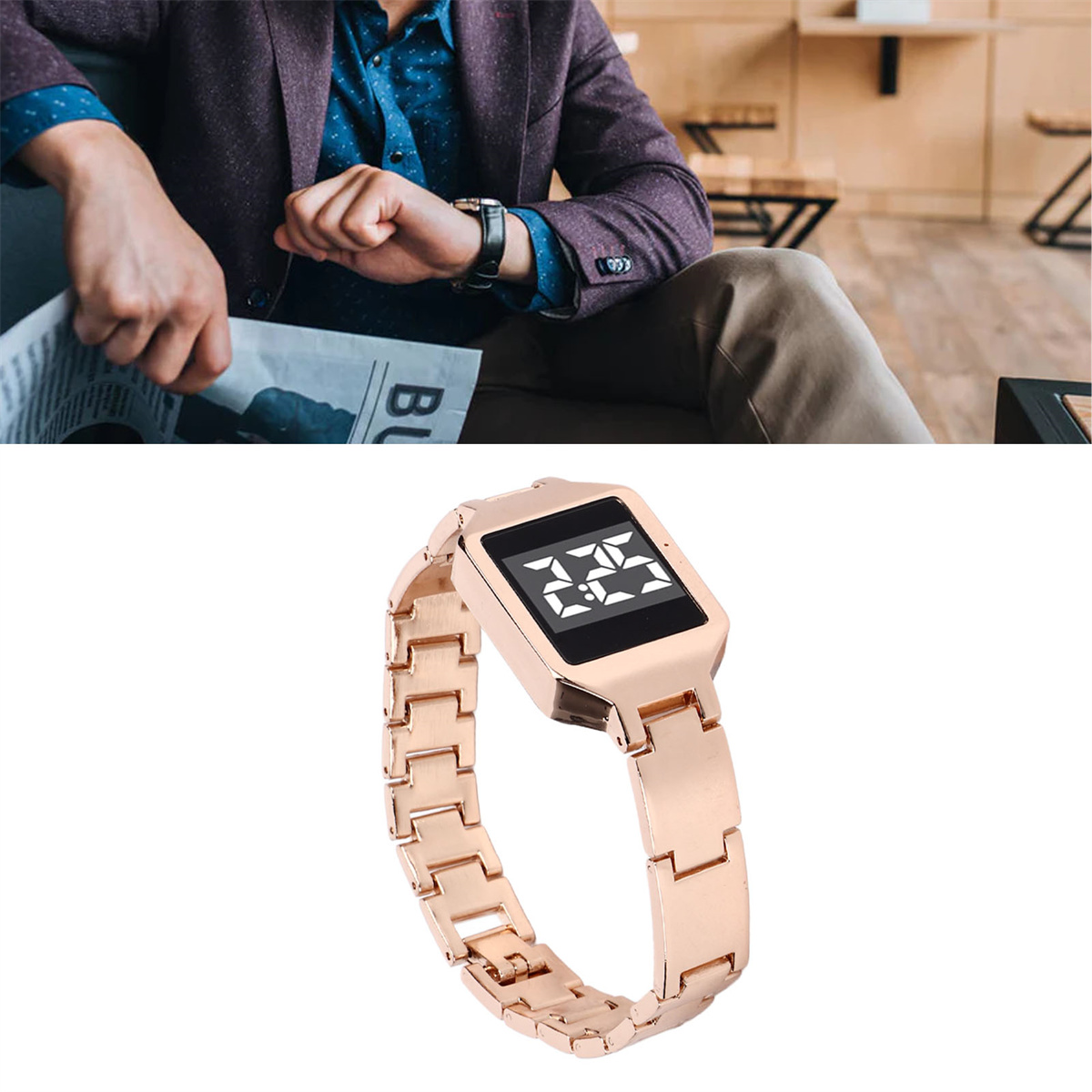 Mann im Blazer, der auf die Uhr schaut, goldene Digitaluhr auf weißer Oberfläche.