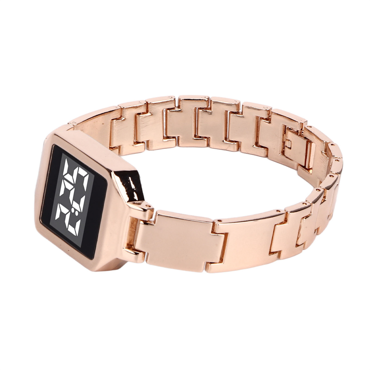 Roségoldene Uhr mit quadratischer Digitalanzeige und roségoldenem Armband auf weißem Hintergrund. Die Uhrzeit ist 17:22.