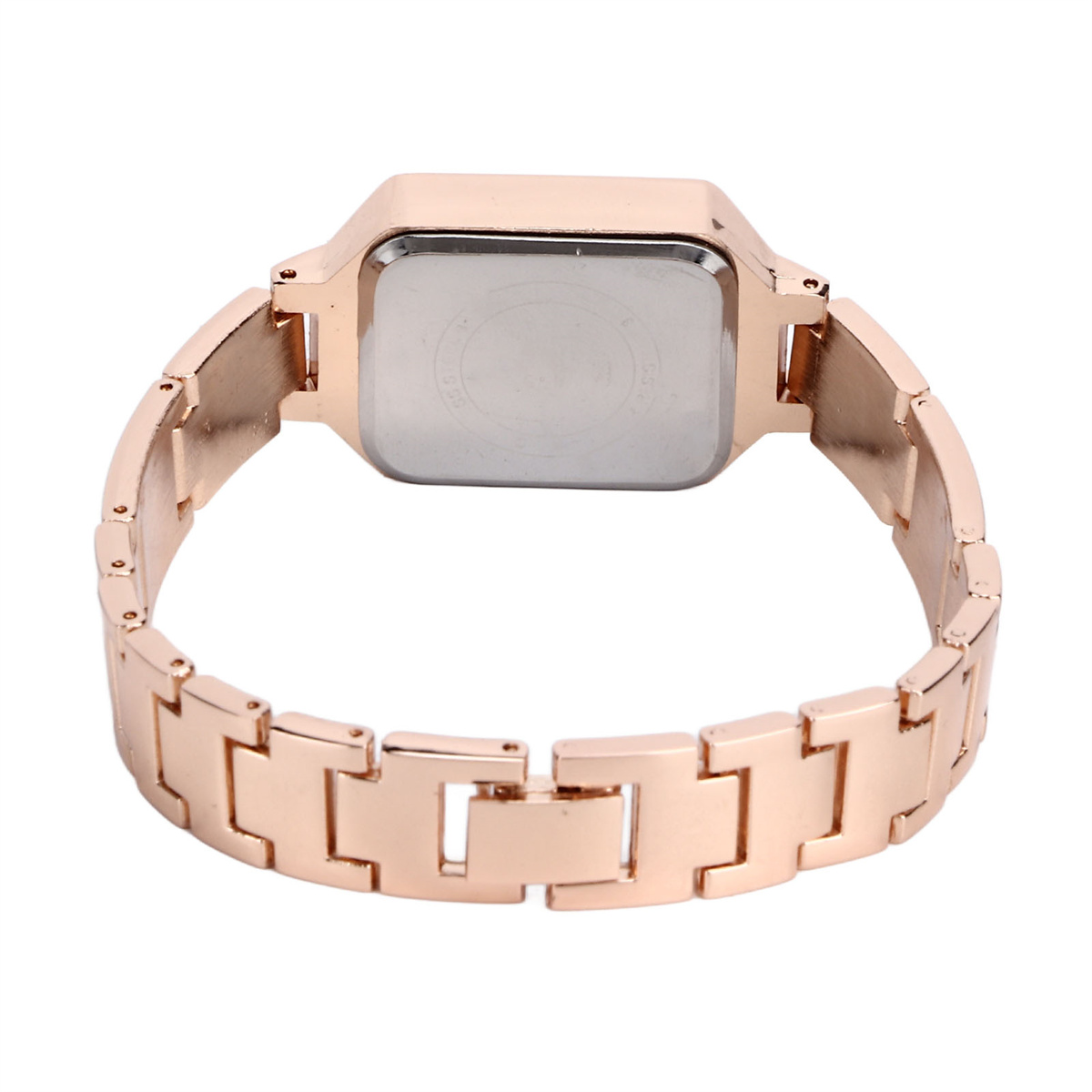 Eine roségoldene Uhr mit rechteckigem Zifferblatt und Metallarmband, Rückansicht.