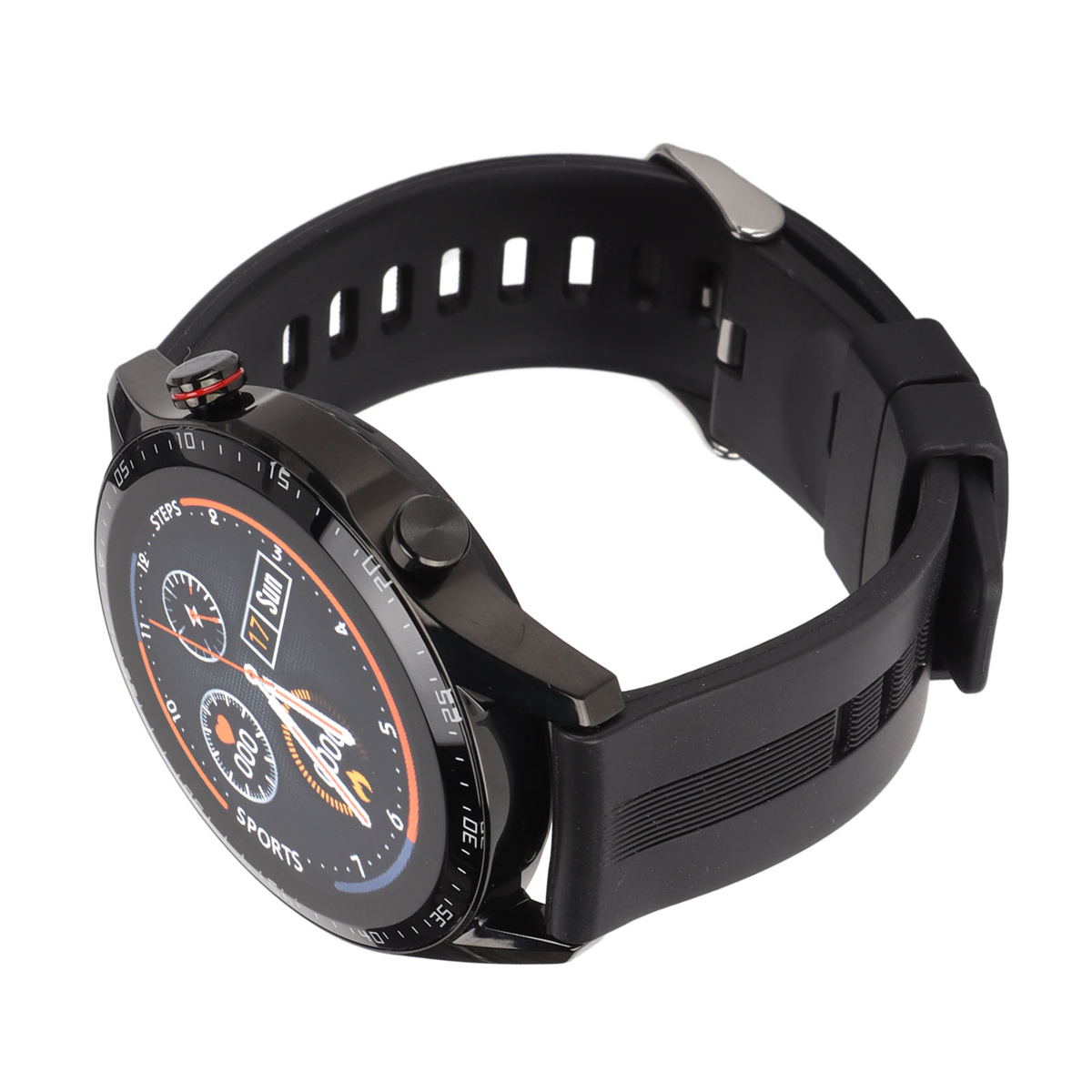 Eine schwarze Smartwatch mit schwarzem Armband, die Zeit, Schritte und andere Messwerte anzeigt.