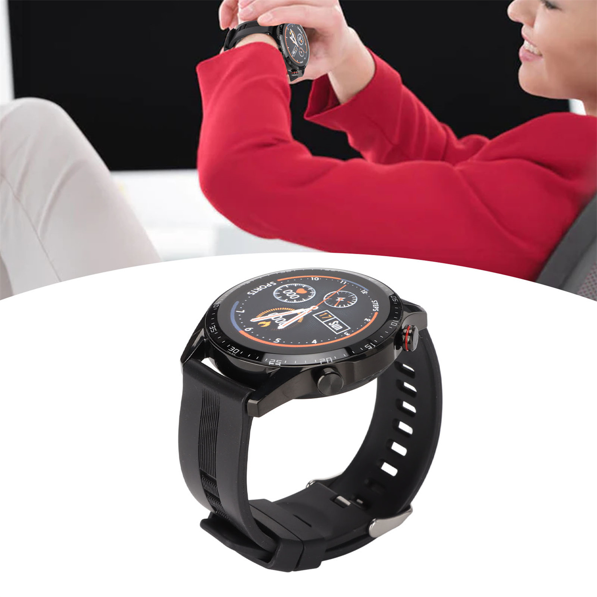 Eine Person, die eine schwarze Smartwatch hält. Eine schwarze Smartwatch am Handgelenk.