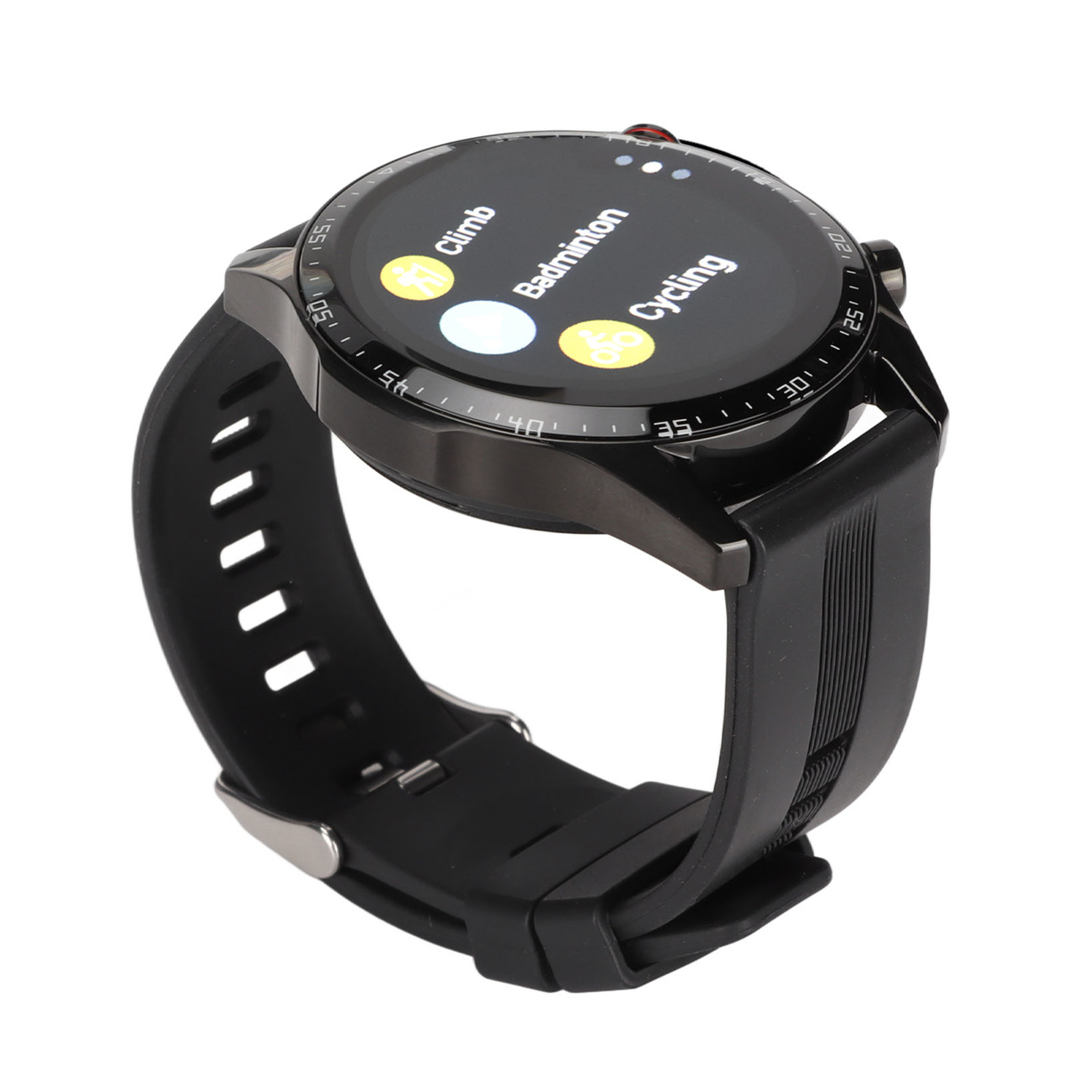 Schwarze Smartwatch mit rundem Display, das Aktivitätsoptionen anzeigt: Klettern, Badminton und Radfahren.