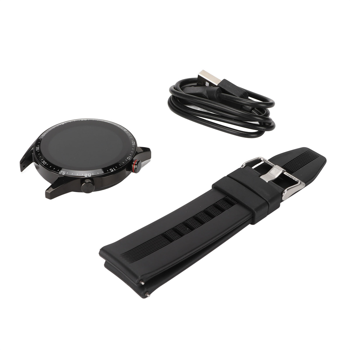 Schwarze Smartwatch-Komponenten: Zifferblatt, Armband und Ladekabel, ordentlich auf Weiß.