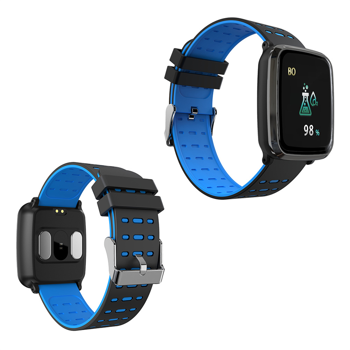 Zwei Smartwatches: eine schwarz und blau. Displays sind an. Weißer Hintergrund.