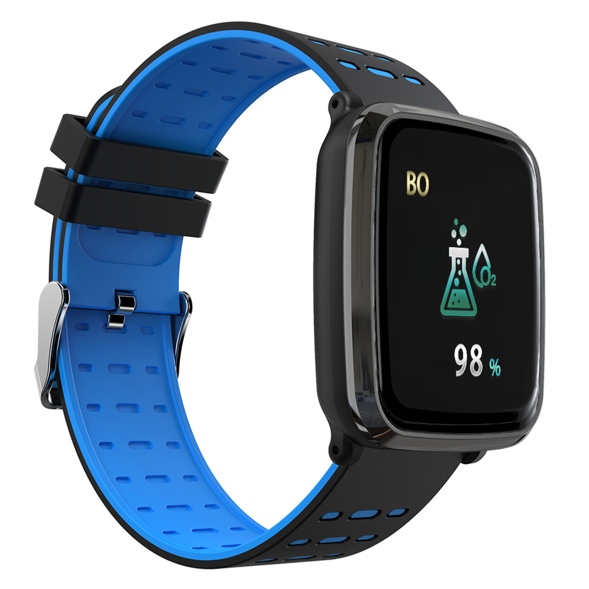 Schwarz-blaue Smartwatch mit Sauerstofflevel-Anzeige. Silberne Schnalle und schwarzes Armband.