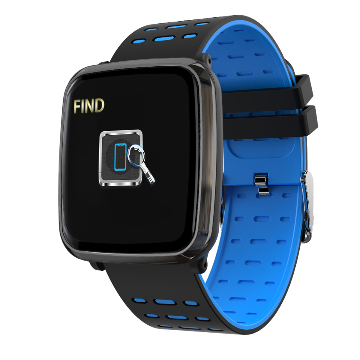Schwarz-blaue Smartwatch mit Bildschirm, der ein „FINDEN“-Symbol und eine Lupe über einem Telefon anzeigt.