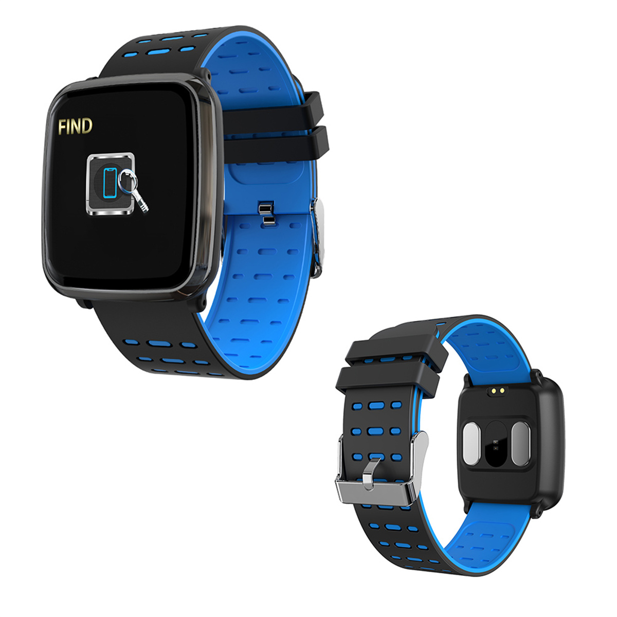 Zwei Smartwatches mit schwarzen Bildschirmen und blauen Armbändern. Einer zeigt 'FIND' und ein Schlüsselsymbol.