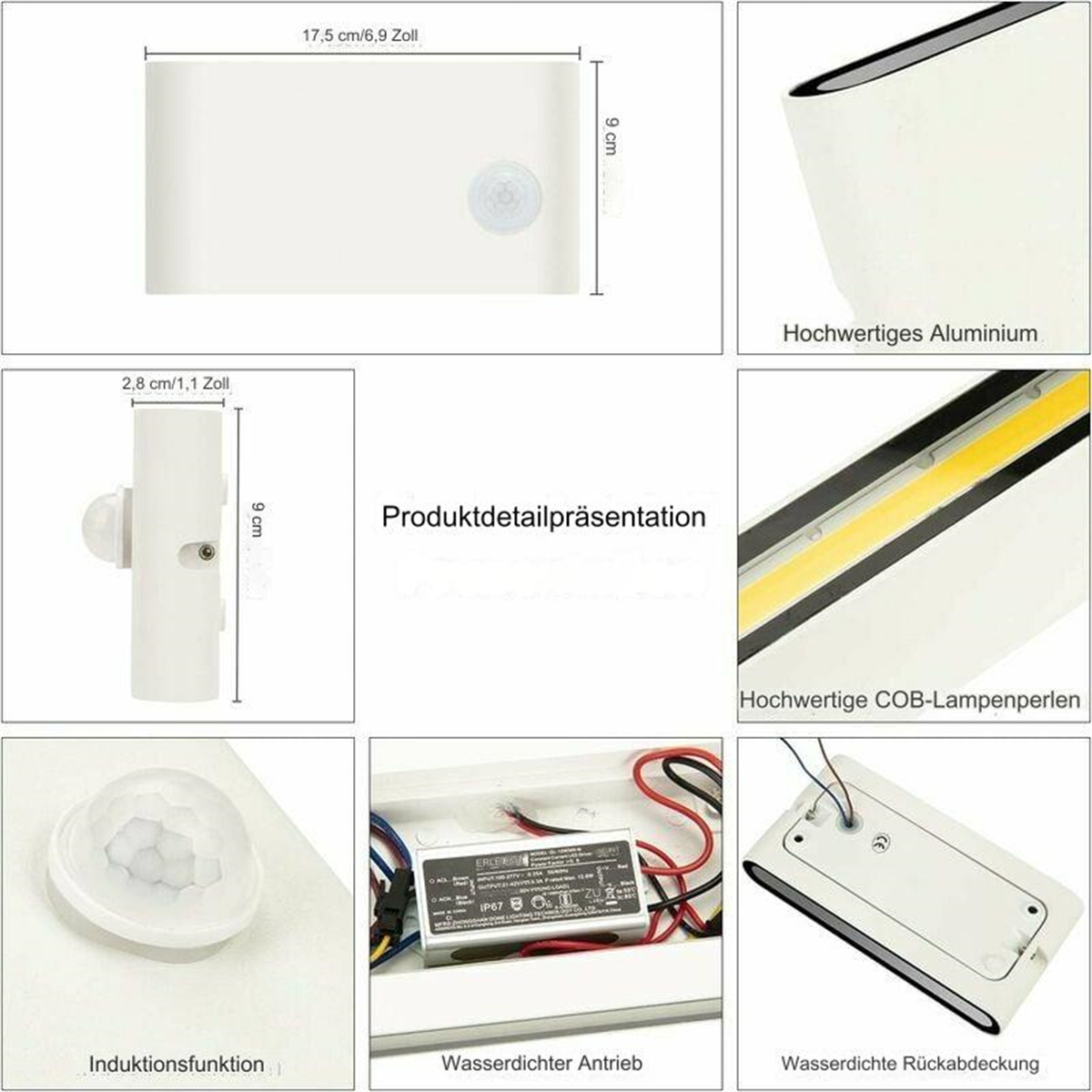 Eine Collage von Produktdetailbildern einer weißen Bewegungssensorleuchte. Enthält Abmessungen und Komponenten.