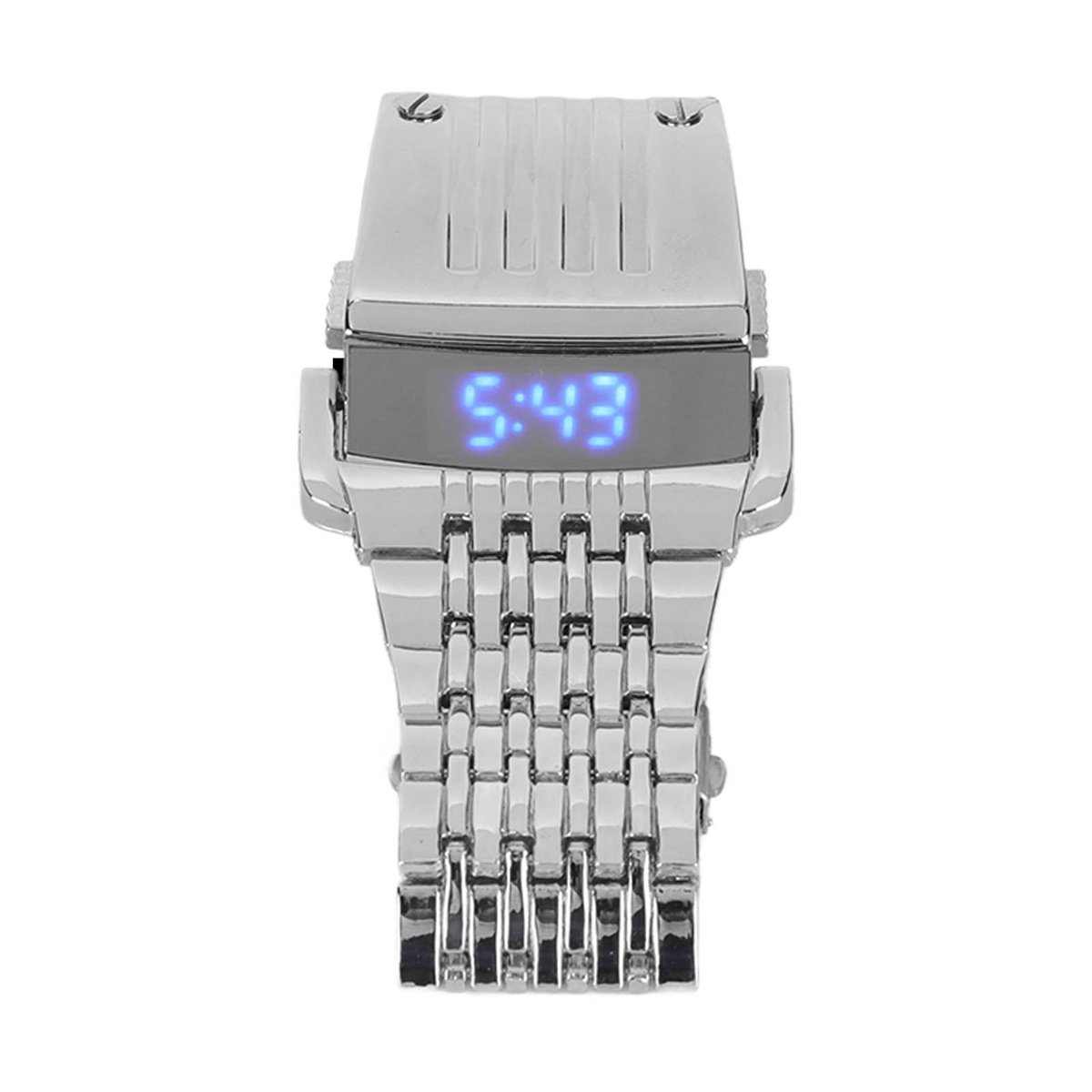 Eine silberne Digitaluhr mit blauem Display, das die Zeit 5:43 anzeigt. Sie hat ein Metallarmband.