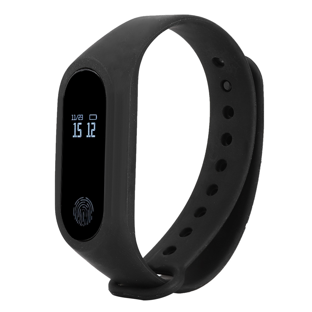 Schwarzer Fitness-Tracker mit Bildschirm, der Zeit und Fingerabdruck zeigt.