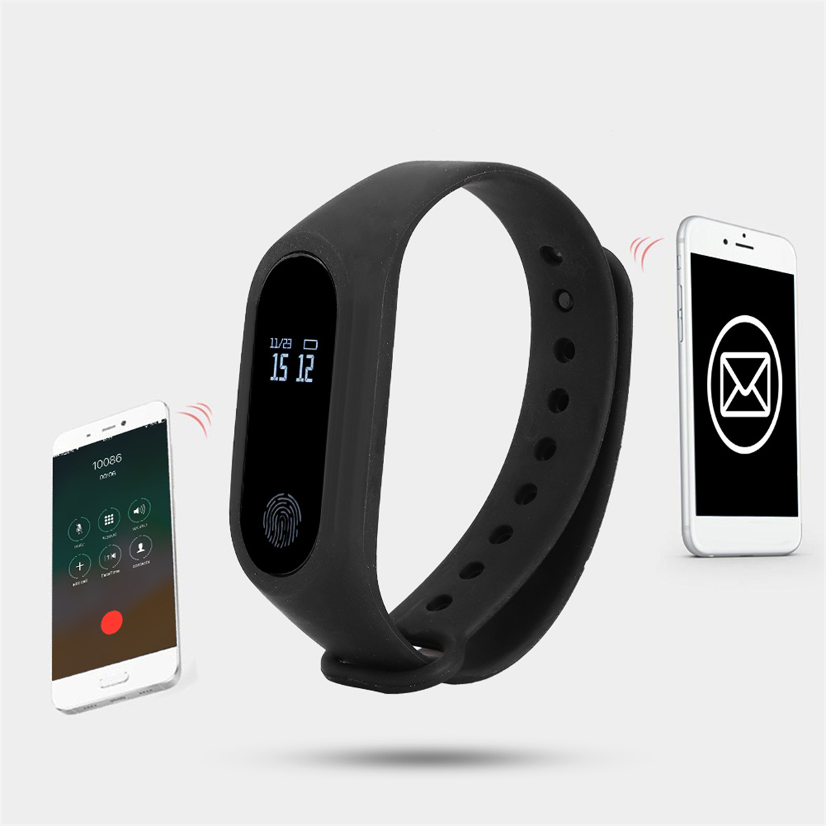 Ein schwarzes Fitnessarmband mit Display, das die Zeit anzeigt. Zwei Telefone zeigen ebenfalls Informationen an.