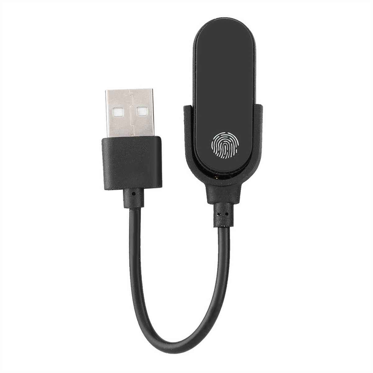Ein schwarzes USB-Ladekabel für ein kleines schwarzes Gerät mit Fingerabdrucksensor. Weißer Hintergrund.