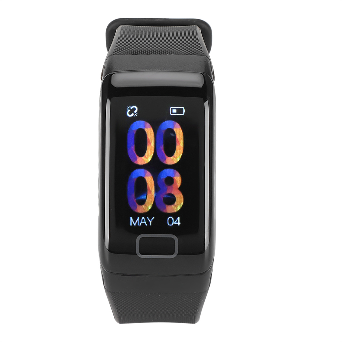 Schwarzer Fitnesstracker mit Bildschirm, der Zeit und Datum anzeigt. 4. Mai ist zu sehen.
