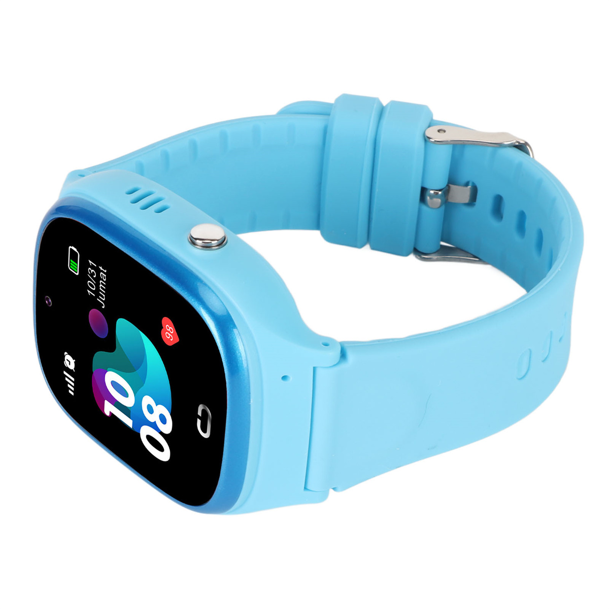 Blaue Smartwatch mit Daten auf dem Bildschirm, am Handgelenk.