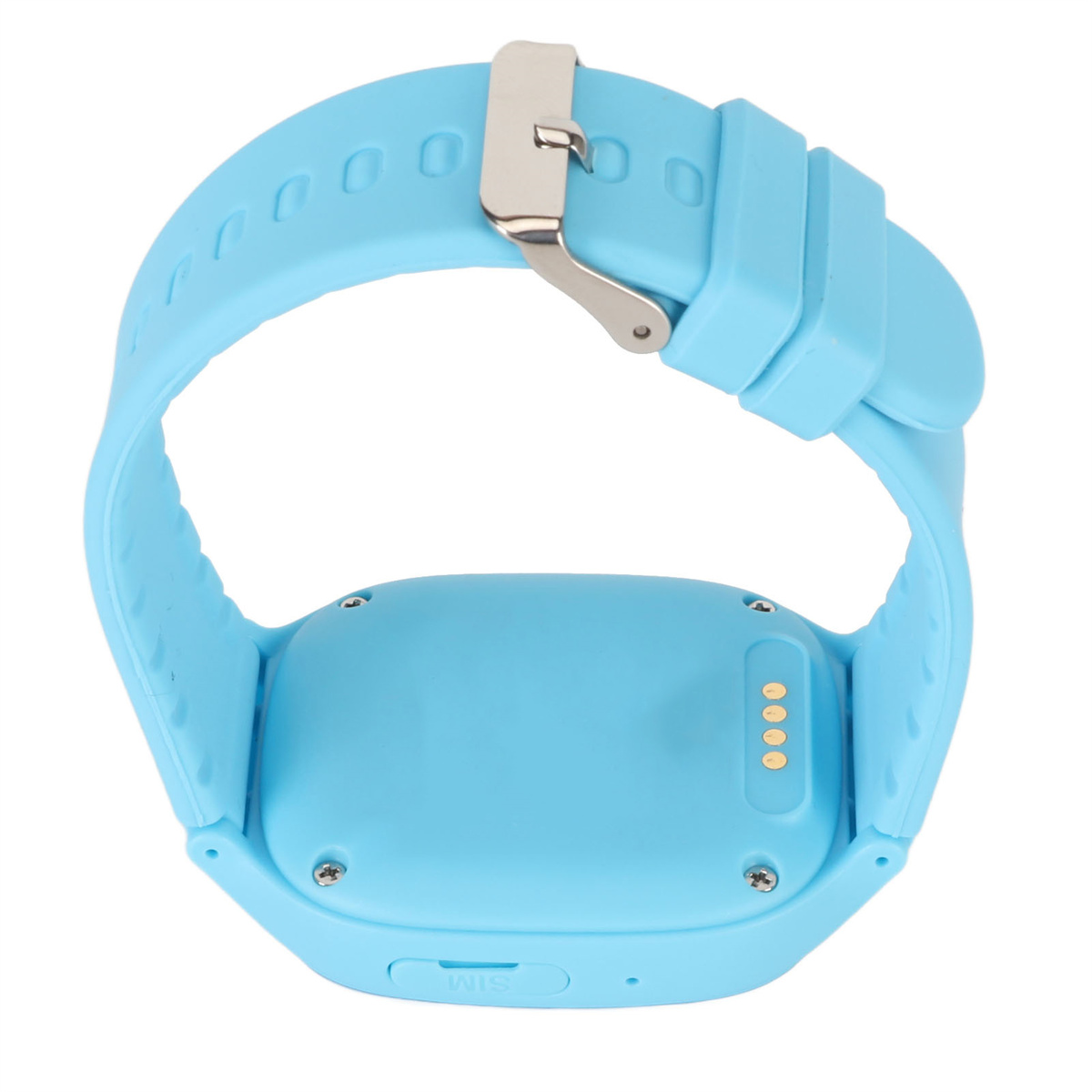 Eine blaue Smartwatch für Kinder, Rückansicht. Es hat ein blaues Armband.