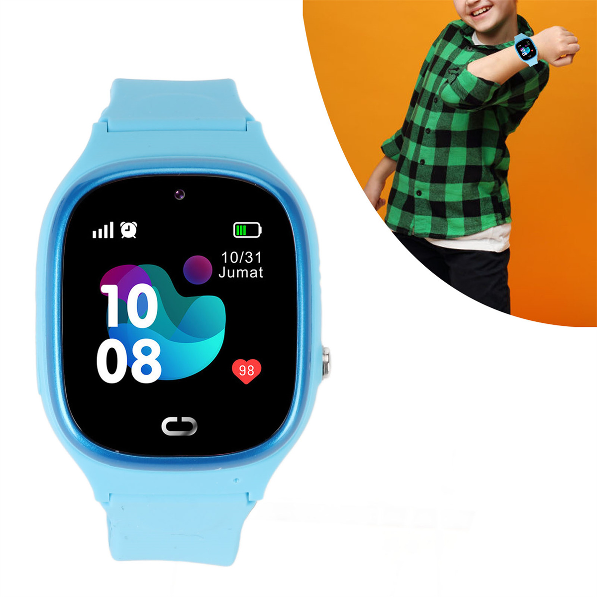 Eine blaue Smartwatch mit digitaler Anzeige von Zeit und Datum. Ein Junge trägt eine am Handgelenk.