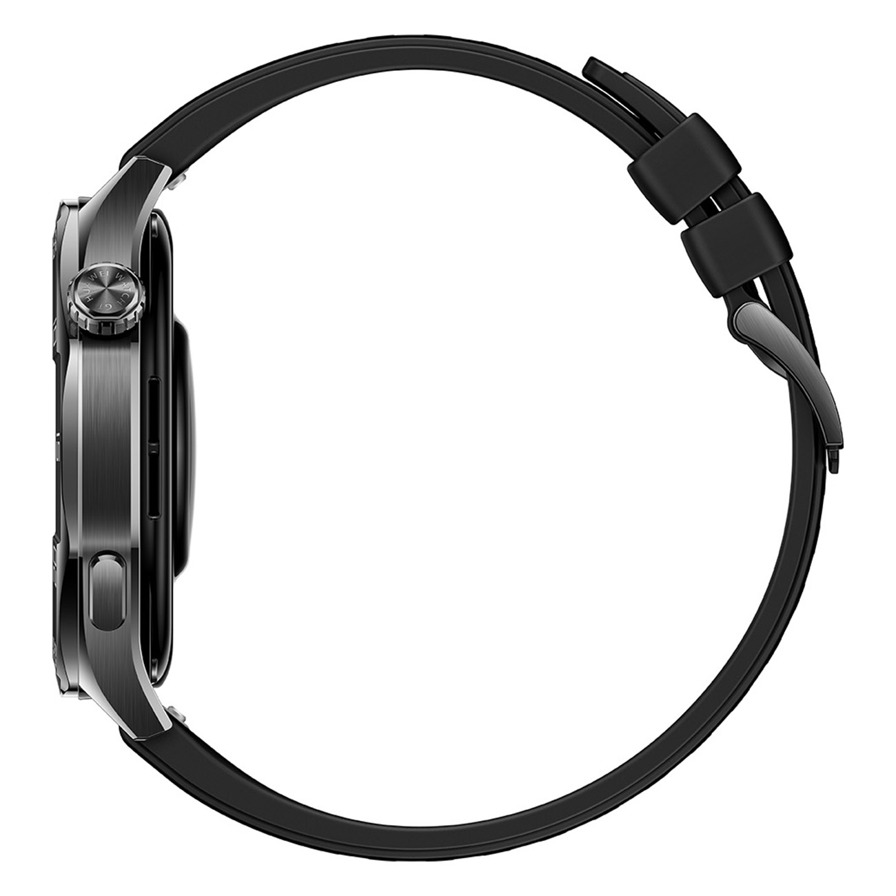 Smartwatch nera di lato, che mostra un display nero con un cinturino nero.