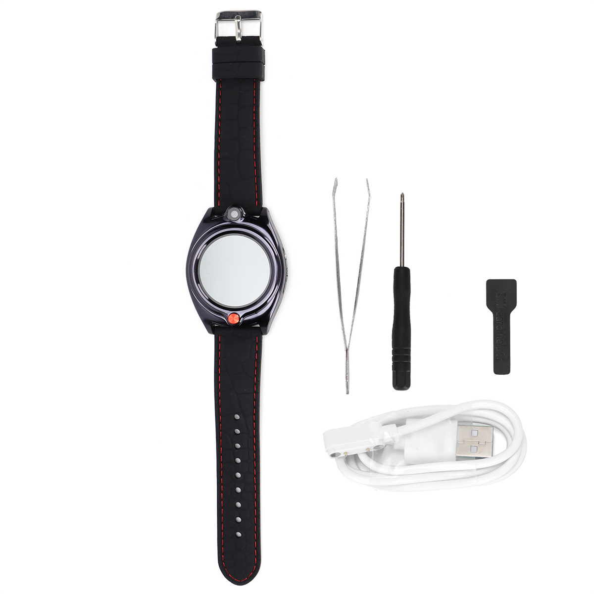 Smartwatch und Zubehör: Pinzette, Schraubendreher und Ladekabel auf weißem Untergrund.