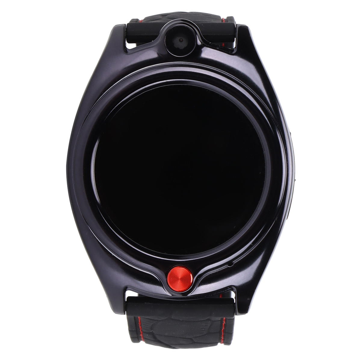 Eine schwarze Smartwatch mit rundem Zifferblatt, roter Taste und schwarzem Armband. Das Design ist modern.
