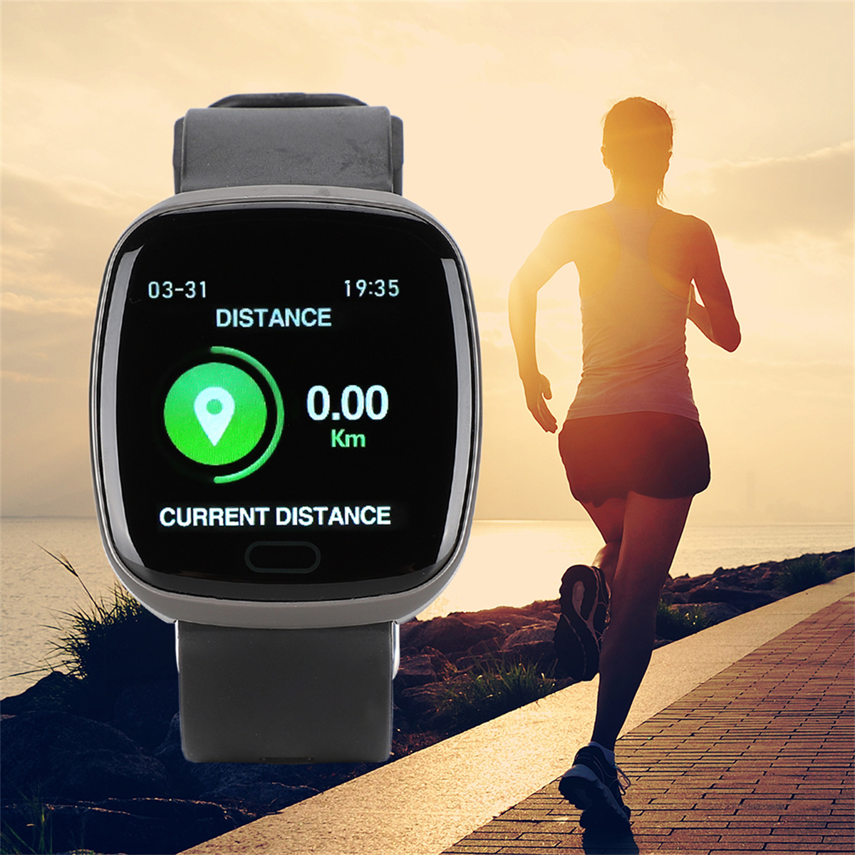 Smartwatch, das Distanz und Zeit anzeigt, mit einer Person, die im Hintergrund läuft.