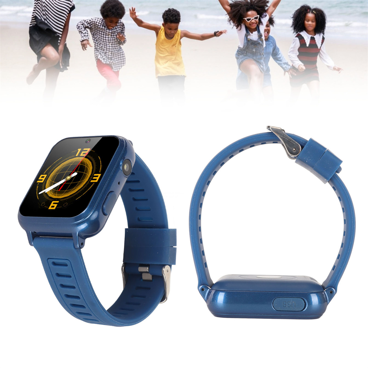 Blaue Kinder-Smartwatch mit rennenden Kindern im Hintergrund. Eine Uhr von der Seite, die andere von oben.