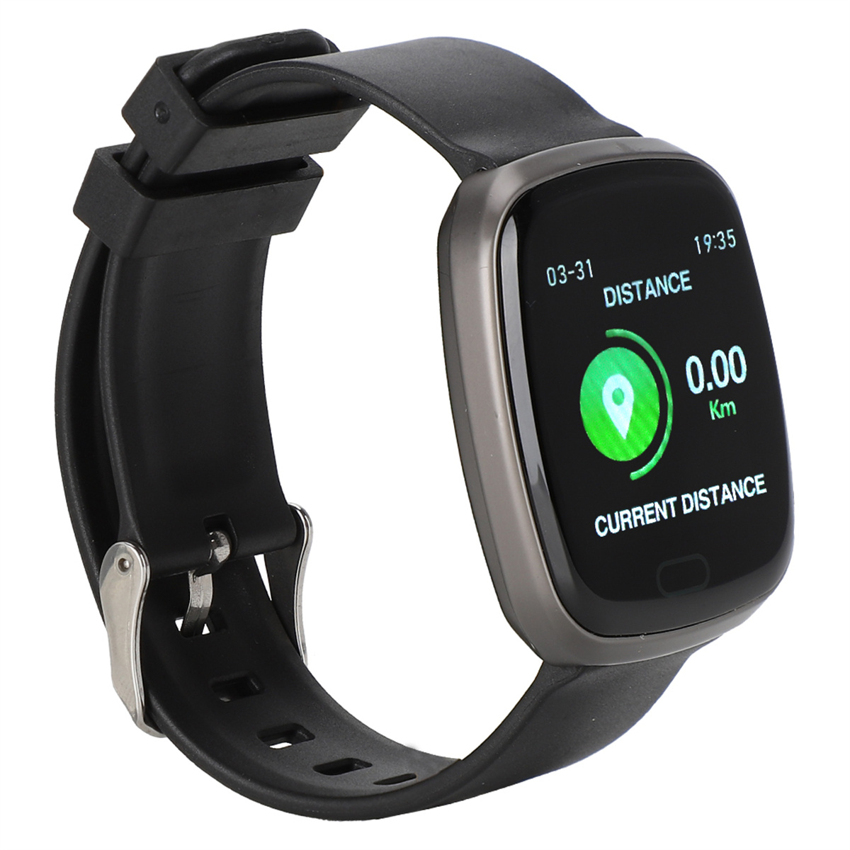 Eine schwarze Smartwatch, die Entfernung und aktuelle Position anzeigt.