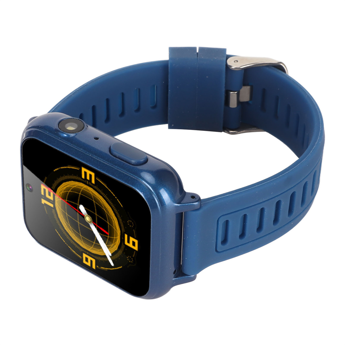 Eine blaue Smartwatch mit digitaler Anzeige, die ein Ziffernblatt zeigt, auf weißem Hintergrund.